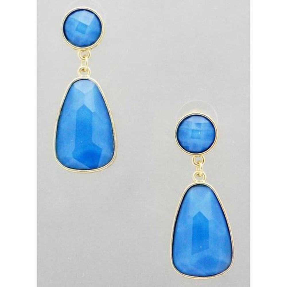New Boutique Royal Blue Stone Gold Trim Dangle Drop Earrings Post Back